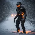 A alien soldier monster, distant full body portrait in a landscape, wearing black white orange lights, during a snow storm,,,ice, cold, dark lighting, depth of field, in a cold snowstorm, outdoors, night,, Intricate Details