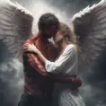 An angel flying hugging a demon flying, forming a heart shape, 4k, Photo Realistic, Fantasy