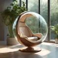 Futuristic sci-fi pod chair, Flat Design, Product-View, transparent orb, product photography, plants, natural wooden environment, 8k, Sci-Fi, Natural Light