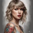 Matte portrait of Taylor Swift with colored tattoos, 4k, Highly Detailed, Powerful, Alluring, Artstation, Magical, Digital Painting, Photo Realistic, Sharp Focus, Grayscale, Volumetric Lighting, Concept Art by Stanley Artgerm Lau, Alphonse Mucha, Greg Rutkowski