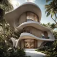 Envision a Zaha Hadid-styled, environmentally-conscious villa nestled within the bustling modern architecture of Tulum, Quintana Roo. As you approach from the entrance, the street view reveals a facade adorned with a vertical bamboo lattice, gracefully contrasting with the stone finish. Large overhangs hint at the interior's coolness, and the surrounding trees whisper tales of nature's embrace, Award-Winning, Intricate Details