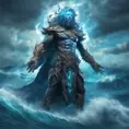 A celestial Blue-skinned God of the Seas, Storms, and Exploring emanating power of the seas, wearing half-leather, shrouded in storms in the style of digital art, 8k, Fantasy