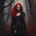 Red haired vampire in a haunted forest, Highly Detailed, Intricate, Gothic, Volumetric Lighting, Fantasy, Dark by Stanley Artgerm Lau