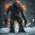 A alien soldier monster, distant full body portrait in a landscape, wearing black white orange lights, during a snow storm,,,ice, cold, dark lighting, depth of field, in a cold snowstorm, outdoors, night,, Intricate Details