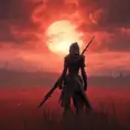 Back view of a female assassin on a batte field. The sky is colored by a red sun set., 8k, Dystopian, Trending on Artstation, Volumetric Lighting