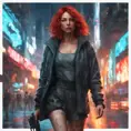 full body shot, beautiful woman walking with beatiful and detailed eyes, dynamic pose, slightly athletic beatiful body, medium-sized chest, detailed attire, Hyper Detailed, Intricate Artwork, Masterpiece, Cybernatic and Sci-Fi, Cyberpunk, Freckles, Full Lips, Red Hair, Smiling, Digital Illustration, Cityscape, Blade Runner 2049, Neon light effect, Realistic, Sharp Focus, Wide Angle, Neon, Dripping Colors, Matte, Futurism, Artwork, Dieselpunk, Colorful, Dynamic, Elegant, Expressive, Graceful, Hot, Gloomy, Sad, Stormy, Terrifying, Tired