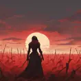 Back view of an assassin woman on a batte field covered by corpses. The sky is colored by a red sun set, Dystopian, Volumetric Lighting