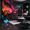 A modern home designed by Zara Hadid, Black Background, Fire and Ice, Splatter, Black Ink, Liquid Melting, Dreamy, Glowing, Glimmer, Shadows, 8k, Highly Detailed, Smooth, Vibrant Colors, Ominous