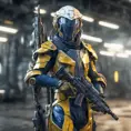 Full body of a high elf sci fi soldier wearing heavy sci fi elven armor, navy blue and yellow and white armor and helmet, visor, boots, male, holding a light machine gun, 8k, Sci-Fi, Fantasy