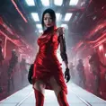 A fierce armed asian assassin in silk red dress at a high tech nightclub, Cyberpunk, Sci-Fi, Photo Realistic