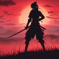 Silhouette of a samurai female assassin on a batte field. Sky is colored by a red sun set., 8k, Dystopian, Trending on Artstation, Volumetric Lighting