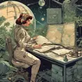 A woman dressed in an old-fashioned space outfit, with a constellations map in a desk and an astrolab in the hand in a jungle. Detailed image with vintage vidéo game animation style, with great lighting and tension., Vintage Illustration, Retro-Futurism