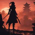 Silhouette of a samurai female assassin in the style of Fire watch, 8k, Dystopian, Trending on Artstation, Volumetric Lighting