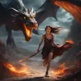 Beautiful sorceress girl running away from dragon, Gothic and Fantasy, Stunning, Digital Painting, Cinematic Lighting, Sharp Focus