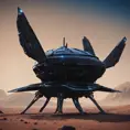 Entire black Spaceship, from side, in an alien planet with dark blue background, Highly Detailed, Unreal Engine