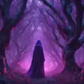 A mysterious witch cloaked in purple chaos energy, standing in a dark forest of salix trees, glowing with a powerful energy, 8k, High Definition, Highly Detailed, Trending on Artstation, Darkwave, Epic, Isometric, Cinematic Lighting, Smooth, 3D Rendering, Octane Render, Vibrant Colors, Ominous by Stanley Artgerm Lau, Zdzislaw Beksinski, H. R. (Hans Ruedi) Giger