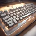 A translucent keyboard, designed by Charles Eames. mid-century modern design inspiration. Beautiful natural lighting, on desk., 8k, Intricate Details, Trending on Artstation, Sci-Fi, Unreal Engine, Volumetric Lighting