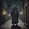 spooky medieval english street, night, ghostly monk standing, Gothic and Fantasy, Dark