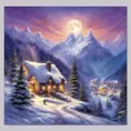 Charming fairy tale village, snow-covered decorated Christmas trees, warm inviting cabin, snowflakes, mountains with waterfall, soft light far-away full moon, glitter, stars, stardust, electric blue and purple sky, Digital Painting, Sharp Focus, Vibrant Colors, Hyper Realistic by Thomas Kinkade