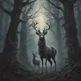 Deer in a haunted forest, Highly Detailed, Intricate, Gothic, Volumetric Lighting, Fantasy, Dark by Stanley Artgerm Lau