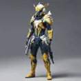 Full body of a high elf sci fi soldier wearing heavy sci fi elven armor, navy blue and yellow and white armor and helmet, visor, boots, male, holding a light machine gun, 8k, Sci-Fi, Fantasy