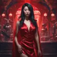 A dangerously armed asian feme fatale in silk red dress at a masquerade ball, Cyberpunk, Sci-Fi, Photo Realistic