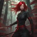 Red haired armed kunoichi ninja in a haunted forest, Highly Detailed, Intricate, Gothic, Volumetric Lighting, Fantasy, Dark by Stanley Artgerm Lau