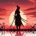 Silhouette of a samurai female assassin on a batte field. Sky is colored by a red sun set., 8k, Dystopian, Trending on Artstation, Volumetric Lighting