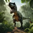 t-rex hunt for prey in lush jungle enviromet, 8k, Ultra Detailed