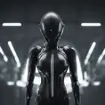 An ultrarealistic photograph of a minimalist futuristic full body power suit, without lights, made of black mate metal and polymer, full crystal hull, for a fit imposing woman, 8k, Dystopian, Modern, Minimalism, Elegant, Dark