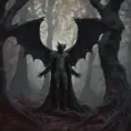 Winged vampire in a haunted forest, Highly Detailed, Intricate, Gothic, Volumetric Lighting, Fantasy, Dark by Stanley Artgerm Lau