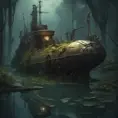 Beached steampunk submarine shipwreck in swamp,  dark atmosphere, night, mijn, highly detailed, digital painting, artstation, concept art, smooth, sharp focus, illustration, art by artgerm and greg rutkowski and alphonse mucha, erte, 8 k, Highly Detailed, Artstation, Digital Painting, Illustration, Sharp Focus, Smooth, Concept Art by Stanley Artgerm Lau, Greg Rutkowski