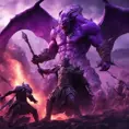 War in mystical realms; fantasy photorealistic rendering; ancient civilization;  valiant heroes vs ominous purple devil., 8k, Fantasy