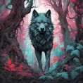 Wolf in the forest, Highly Detailed, Intricate, Gothic, Volumetric Lighting, Color Splash, Vibrant Colors, Ink Art, Fantasy, Dark by Stanley Artgerm Lau