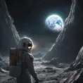 A space explorer on moon, viewing how the earth is destroyed, Magical, Stunning, Digital Painting, Cinematic Lighting, Sharp Focus, Dark, Hyper Realistic