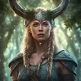 Closeup of a beautiful female viking in a magical forest, 4k, Highly Detailed, Masterpiece, Pretty Face, Digital Illustration, Cinematic Lighting, Realistic, Sharp Focus, Centered, Beautifully Lit, Bioluminescent by Stanley Artgerm Lau