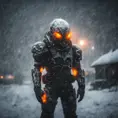 A alien soldier monster, distant full body portrait in a landscape, wearing black white orange lights, during a snow storm,,,ice, cold, dark lighting, depth of field, in a cold snowstorm, outdoors, night,, Intricate Details