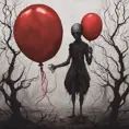 dark aesthetic, A creepy dark humanoid figure, holding a red balloon, scary, eerie, stunning fantasy illustration, Intricate Details, Fantasy, Dark