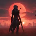 Back view of a female assassin on a batte field. The sky is colored by a red sun set., 8k, Dystopian, Trending on Artstation, Volumetric Lighting