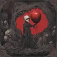 dark aesthetic, A creepy dark humanoid figure, holding a red balloon, scary, eerie, stunning fantasy illustration, Intricate Details, Fantasy, Dark