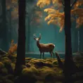 A deer among the trees, forest lake, moss, cold weather, dark teal and amber, Cinematic Lighting, Volumetric Lighting