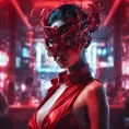 Asian cyberpunk feme fatale in expensive red dress with mask at a masquerade ball smart but dangerous in a high-tech club., Cyberpunk, Photo Realistic