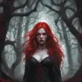 Red haired vampire in a haunted forest, Highly Detailed, Intricate, Gothic, Volumetric Lighting, Fantasy, Dark by Stanley Artgerm Lau