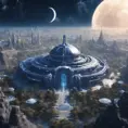 Distant view of a large round indigo temple in the center of a futuristic community. Extraterrestrial landscape. The moon and stars can be seen in the sky even during the day., 8k, Sci-Fi