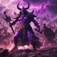 War in mystical realms; fantasy photorealistic rendering; ancient civilization;  valiant heroes vs ominous purple devil., 8k, Fantasy