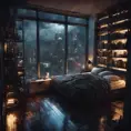 Beautiful cozy, tiny, cramped bedroom with floor to ceiling glass windows overlooking a cyberpunk city at night, view from top of skyscraper, bookshelves, thunderstorm outside with torrential rain, 8k, Highly Detailed, Photo Realistic, Dark, Gloomy