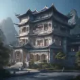 A gorgeous Chinese - style high - rise villa stands in the valley, luxurious majestic silver - grey blue antique palace, 8k, HD, High Definition, Trending on Artstation, Soft Lighting