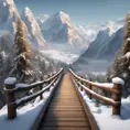 A steep cliff, in the middle of snow-capped mountains go to a big wood bridge., 8k, Masterpiece, Wallpaper, Hyper Realistic