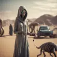 Very slim and tall female alien creature merchant on a desert un the market of a alien planet, suspicious look, hooded, selling caged alien vermin, western shot, Hyper Realistic