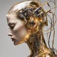 Profile Photography of a cyborg woman head without body, connected by cables and wires and LED, an attractive transparent gold plexiglass body punk PLC Robots with silver motor head, with ray guns, 80 degree view, Cybernatic and Sci-Fi by Salvador Dali, James Jean, Natalie Shau